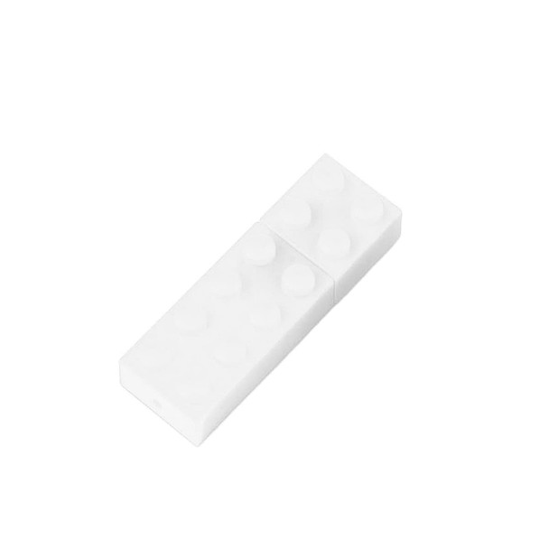 A stackable white brick-shaped flash drive with a smooth finish and circular indentations.