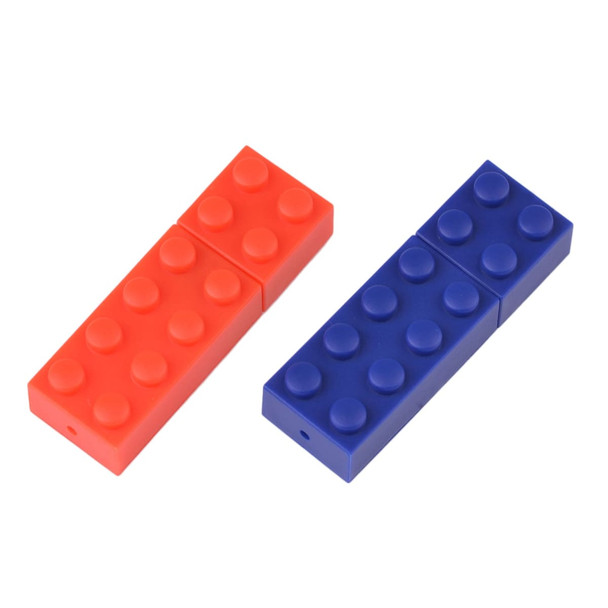 A blue and an orange stackable brick flash drive, each featuring raised dots, with a logo on one side.