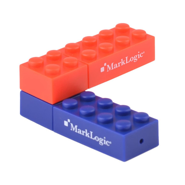 A stackable brick flash drive in red and blue, featuring a logo on each piece.