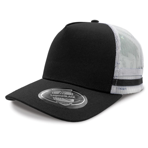 A black striped trucker cap with a mesh back and a logo on the front.