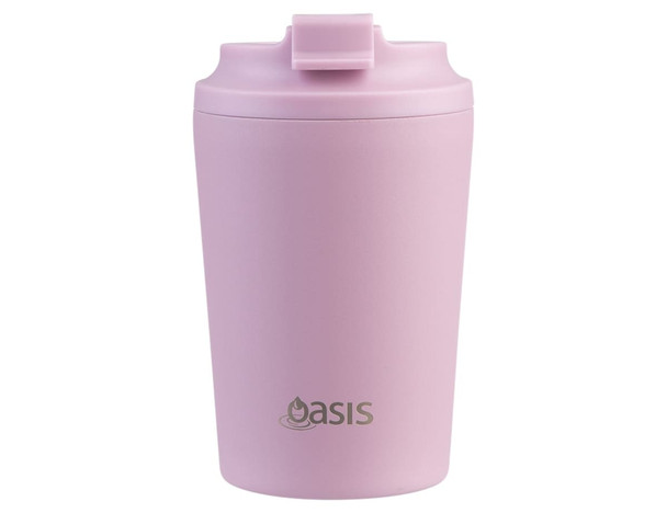 A ceramic-lined insulated coffee cup in light pink, featuring a secure lid and a branding logo.