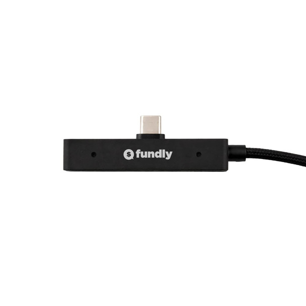 A charging cable in black with a connector and a branding logo on the side.