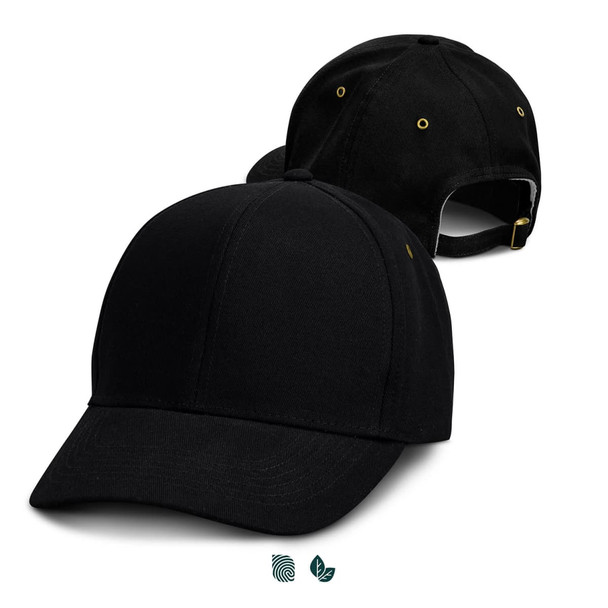 A black cap with a structured front and curved peak, featuring a logo and adjustable strap at the back.