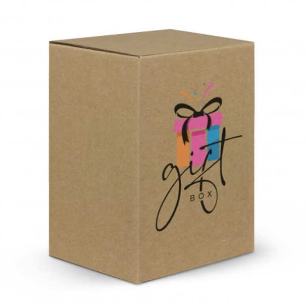 A gift box with a colourful design featuring a present and a decorative ribbon. The box is made of cardboard.