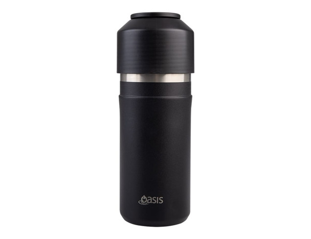 A drink bottle featuring a sleek black design with a stainless steel inner section and a logo at the base.