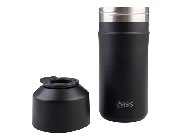 A drink bottle in matte black stainless steel with a removable lid, featuring a logo on the body.