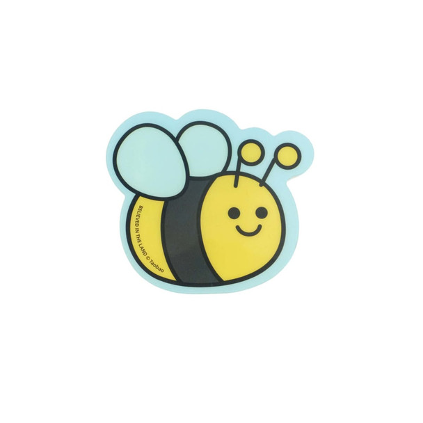 A cute bee-shaped sticky note in yellow and black on a light blue background with a smiling face.
