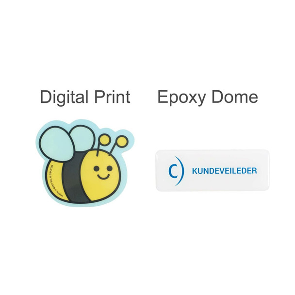 A custom acrylic name badge featuring a bee design in yellow, black, and blue with an epoxy dome finish.