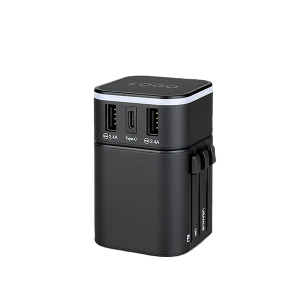 A compact black travel adapter with multiple USB ports and a logo, designed for global charging.
