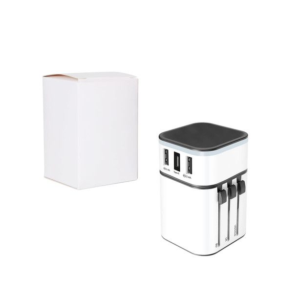 A white travel adapter with multiple USB ports and a black top, accompanied by a plain white box.