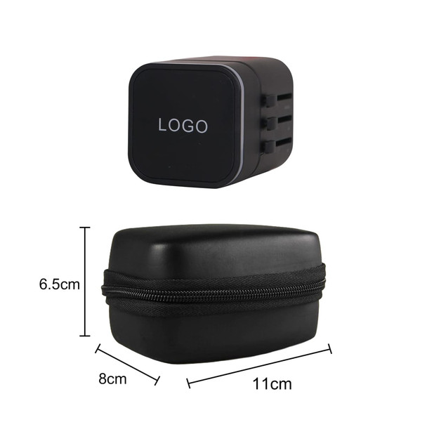 A black travel adapter with multiple prongs and a matching black storage case, featuring a logo.