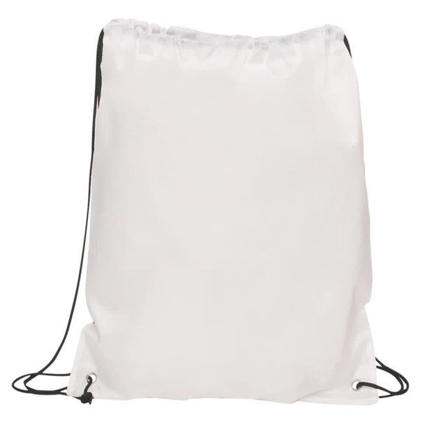 A white drawstring gym bag with black cords and a logo at the bottom.
