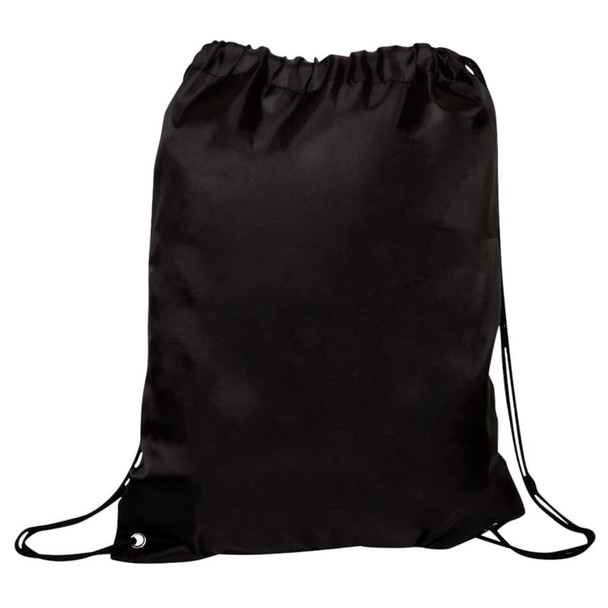 A black drawstring gym bag with adjustable straps and eyelets for fastening. It has a simple, sleek design.