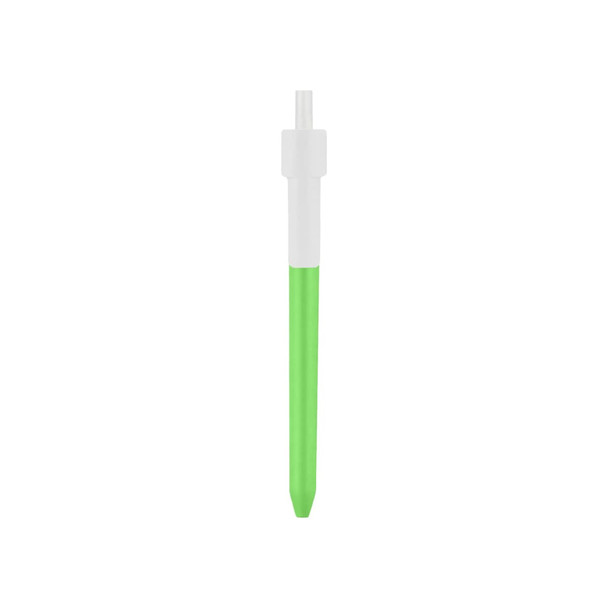 A green and white click pen with a smooth surface and a clear cap, featuring a logo on the barrel.