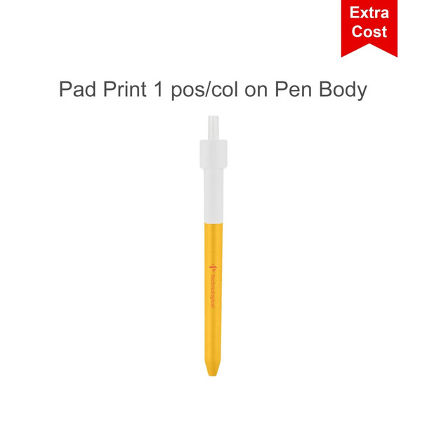A yellow and white pen with a transparent tip, featuring a logo on the body.