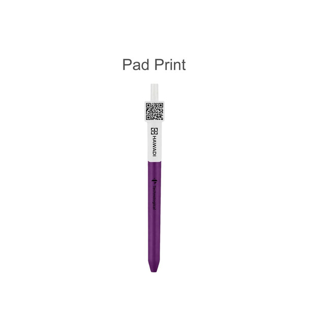 A purple click pen with a white top featuring a QR code and a logo.