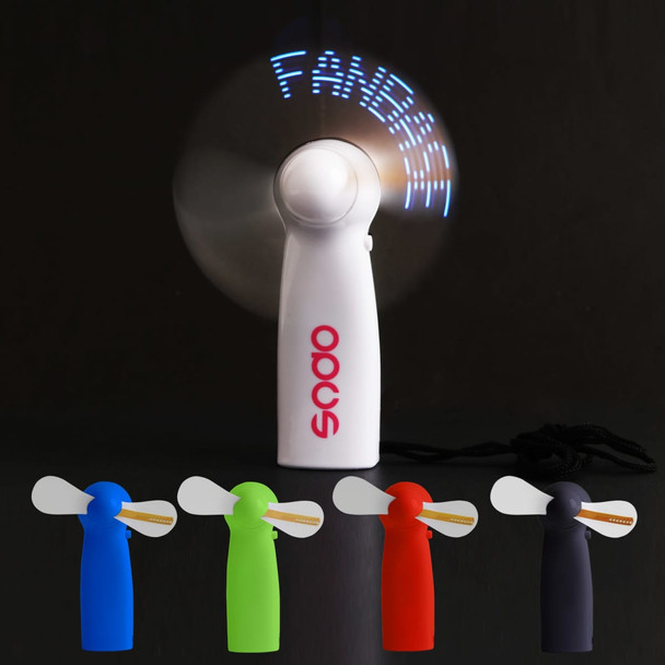 A portable LED message fan in white, with additional fans in blue, green, red, and black. Each has a logo.