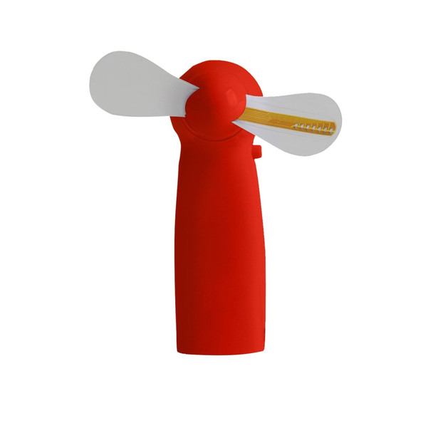 A red handheld fan with white blades and a yellow accent, featuring a logo on its body.