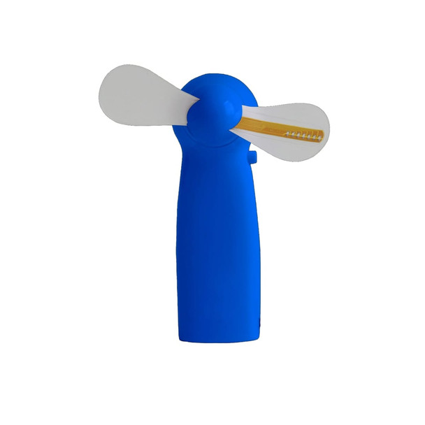 A blue LED message fan with a sleek design and clear blades, featuring a side button and a branding logo.