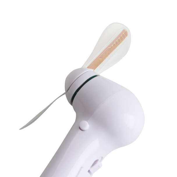 A white LED message fan with a translucent blade and a button for operation. It has a logo on its body.