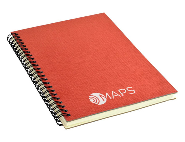 A red A5 notebook with a spiral binding and a logo on the cover.