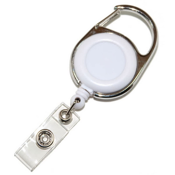 A white carabiner retractable card holder with a clear strap and a metal clip attachment.