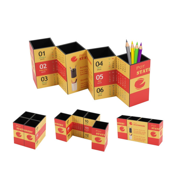 A four-panel foldable pen holder in red and yellow, designed for holding stationery items like pencils. It features a logo.