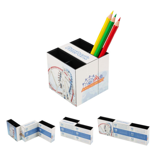 A three-panel foldable pen holder in white, featuring multiple compartments and colourful pencils inside.