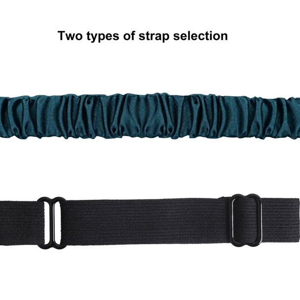 A satin sleep mask featuring two strap options: a teal satin strap and a black elastic strap.