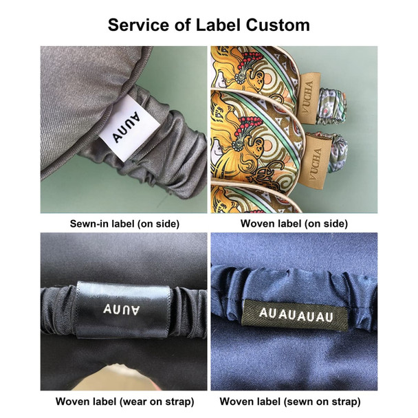 A satin sleep mask with grey fabric and custom labels sewn on the side and strap, featuring colourful designs.