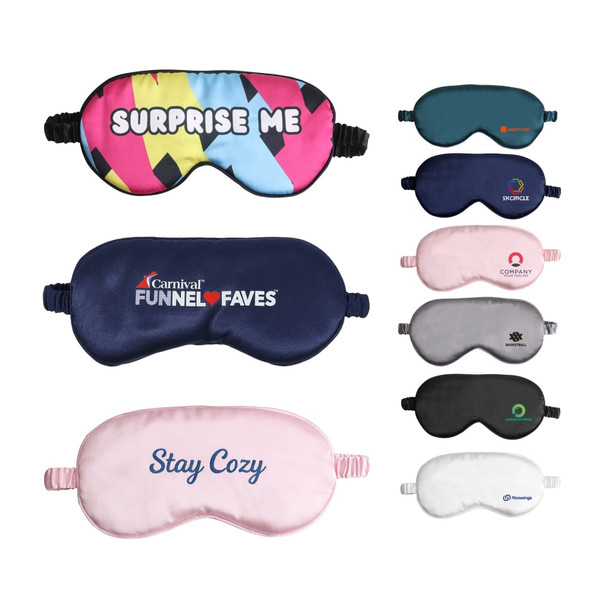 A range of satin sleep masks featuring various colours, patterns, and logos, including pink, navy, and grey options.