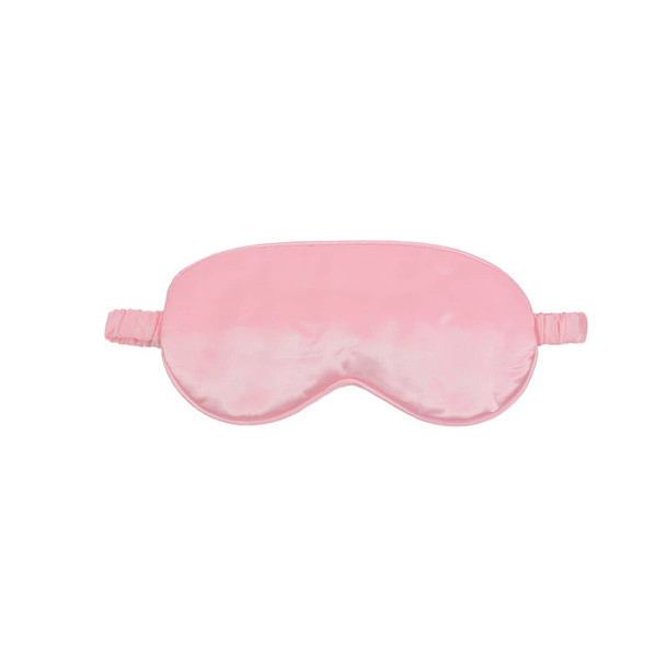 A pink satin sleep mask with an adjustable strap and a smooth surface. Features a branding logo.