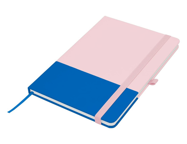 A pink and blue A5 notebook with a ribbon bookmark and an elastic closure. It features a branding logo.