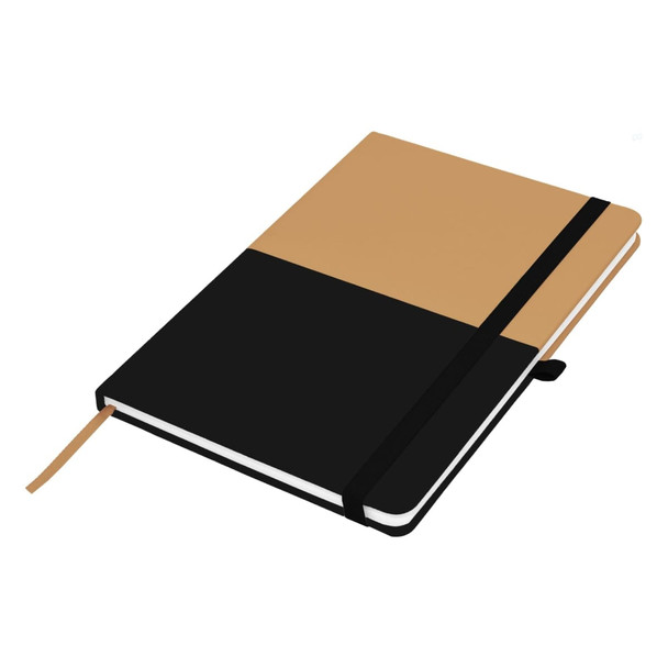 A A5 notebook featuring a black and tan colour scheme, secured with an elastic band and including a bookmark ribbon.