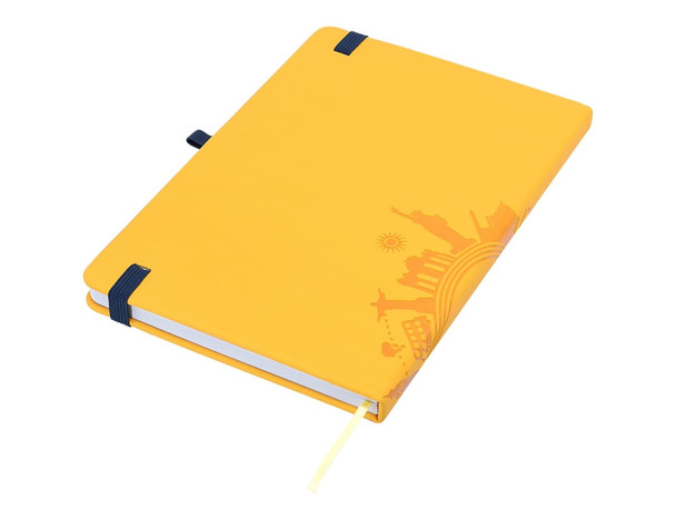 A yellow A5 notebook with a soft-touch cover, featuring a design and blue elastic band. It includes a yellow ribbon marker.