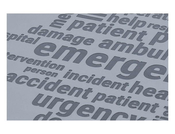 A grey notebook featuring debossed words related to emergency services and healthcare. It has a branded logo.