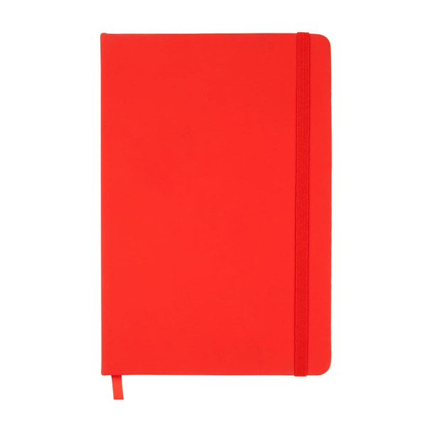 A red notebook with an elastic band closure and a ribbon marker. It features a solid cover and has no visible branding.