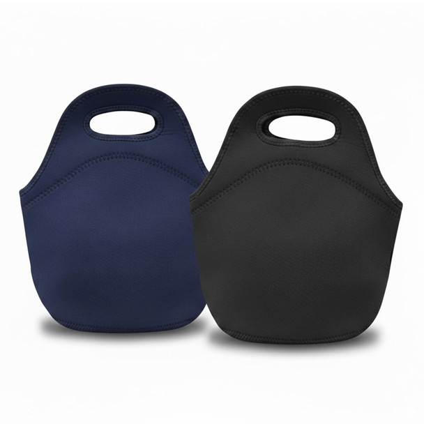 A neoprene lunch bag pair in navy and black, featuring carry handles and a simple, sleek design.