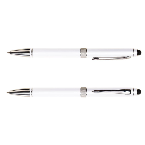 A metal pen with a sleek white body and chrome accents, featuring a smooth writing tip and a stylus for touchscreens.