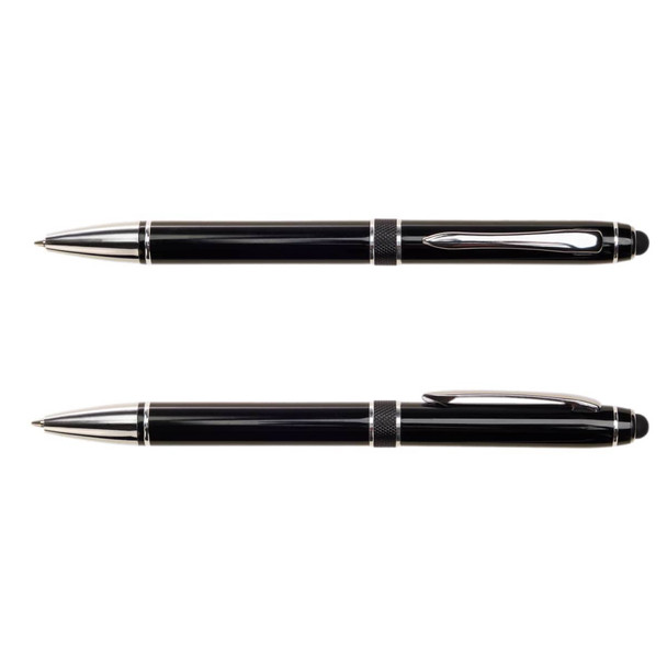 A metal pen set featuring sleek black finishes with silver detailing and a logo.