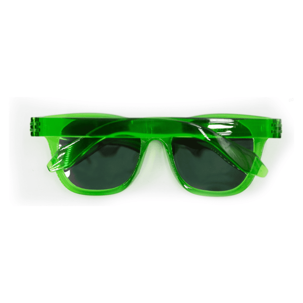 A pair of bright green polarised sunglasses with a sleek design and dark lenses. Features a logo on the frame.