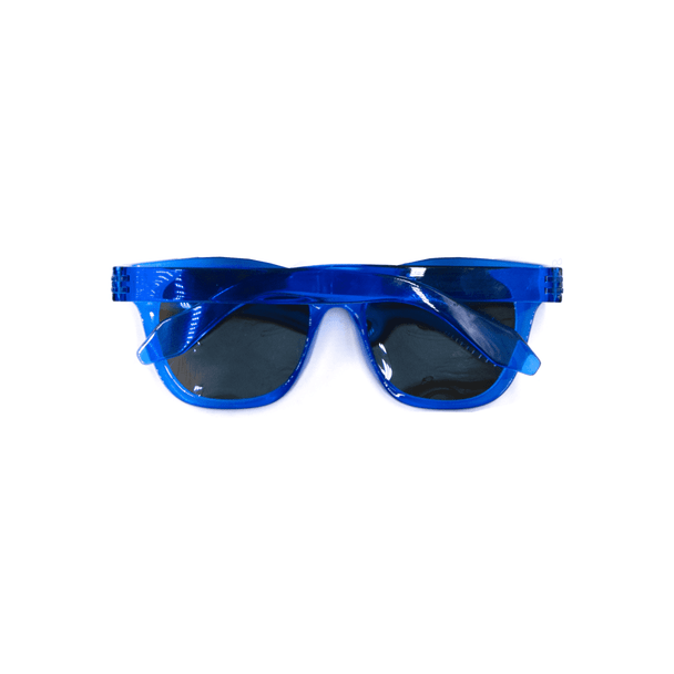 A pair of blue, polarised sunglasses with dark lenses and a sleek design. Features a logo on the side.