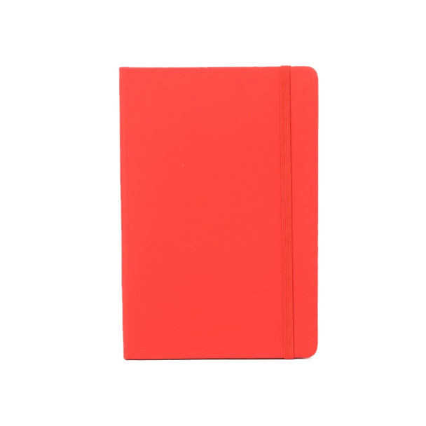 A red PU A6 notebook with a matching elastic band and a logo on the cover.