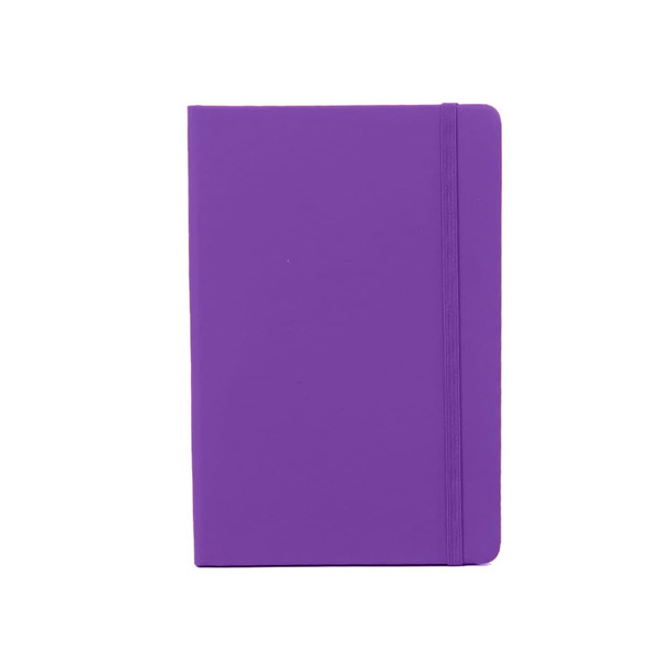 A purple PU A6 notebook with a flexible cover and an elastic band closure. Features a logo on the front.