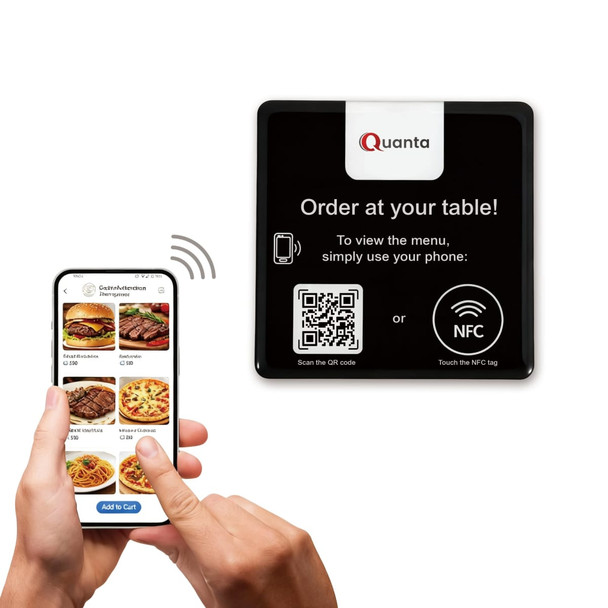 A black NFC epoxy desk tag with a QR code and a smartphone displaying a food menu. It has a logo.