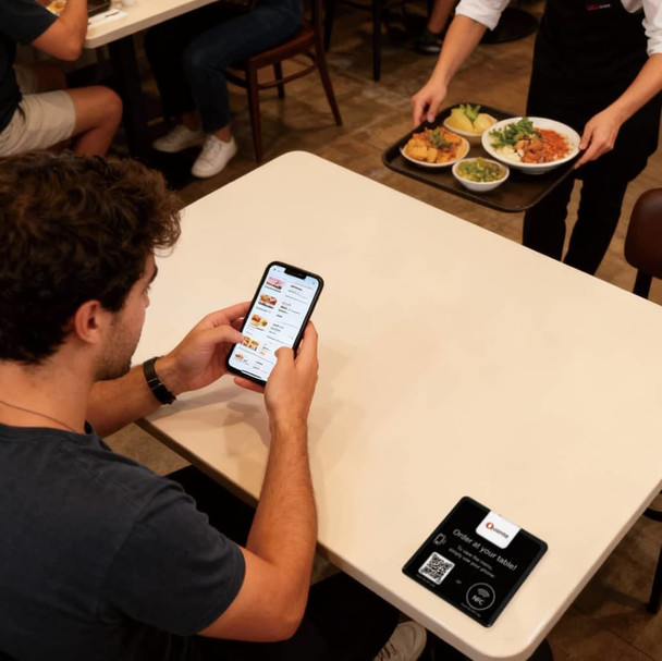 A black NFC epoxy desk tag rests on a table, alongside a customer checking a food ordering app on their phone.