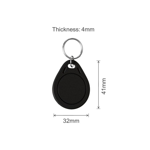 A black NFC keytag with a keyring, featuring a smooth, rounded design and dimensions specified above.