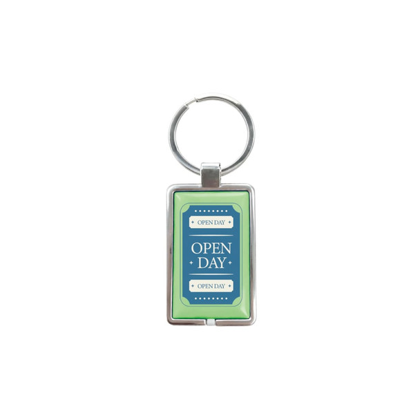 A rectangular NFC epoxy tag in green and blue, attached to a metal keyring, featuring a logo.