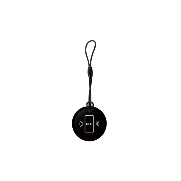 A black round NFC epoxy tag with a strap for attachment, featuring a symbol indicating NFC functionality.