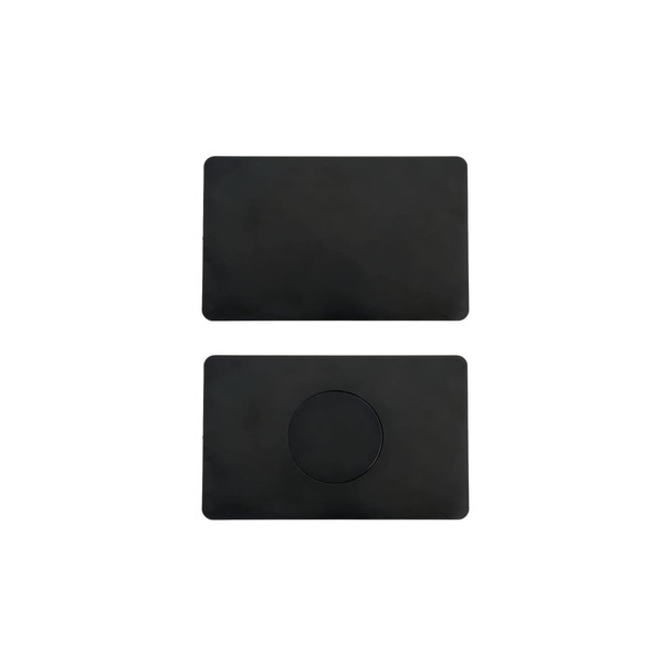A black metal business card with a smooth surface and a circular cutout on one side.